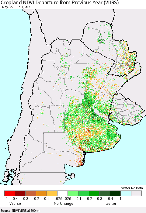 Southern South America Cropland NDVI Departure from Previous Year (VIIRS) Thematic Map For 5/25/2023 - 6/1/2023