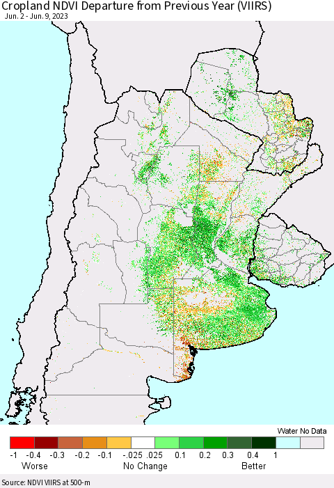 Southern South America Cropland NDVI Departure from Previous Year (VIIRS) Thematic Map For 6/2/2023 - 6/9/2023