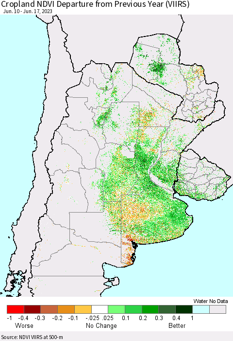 Southern South America Cropland NDVI Departure from Previous Year (VIIRS) Thematic Map For 6/10/2023 - 6/17/2023
