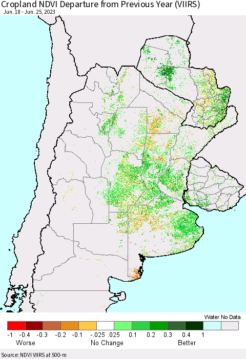 Southern South America Cropland NDVI Departure from Previous Year (VIIRS) Thematic Map For 6/18/2023 - 6/25/2023