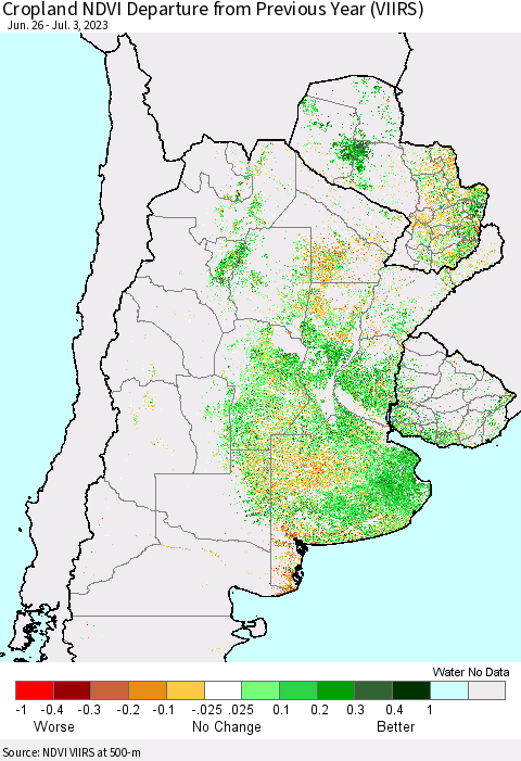 Southern South America Cropland NDVI Departure from Previous Year (VIIRS) Thematic Map For 6/26/2023 - 7/3/2023