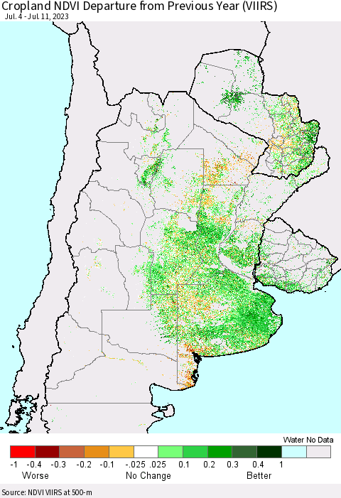 Southern South America Cropland NDVI Departure from Previous Year (VIIRS) Thematic Map For 7/4/2023 - 7/11/2023