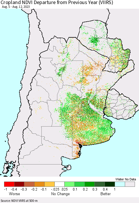 Southern South America Cropland NDVI Departure from Previous Year (VIIRS) Thematic Map For 8/5/2023 - 8/12/2023