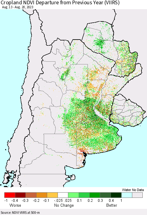 Southern South America Cropland NDVI Departure from Previous Year (VIIRS) Thematic Map For 8/13/2023 - 8/20/2023