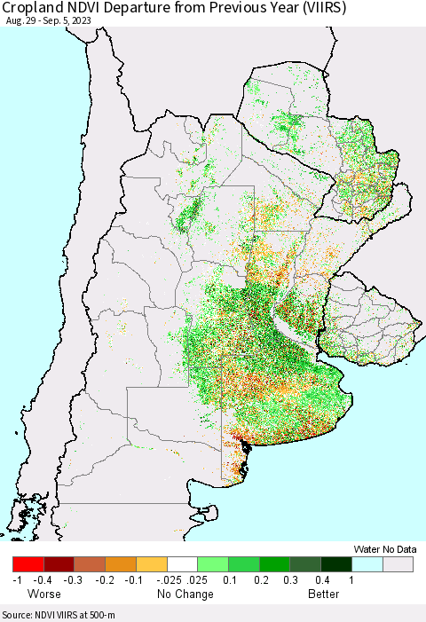 Southern South America Cropland NDVI Departure from Previous Year (VIIRS) Thematic Map For 8/29/2023 - 9/5/2023