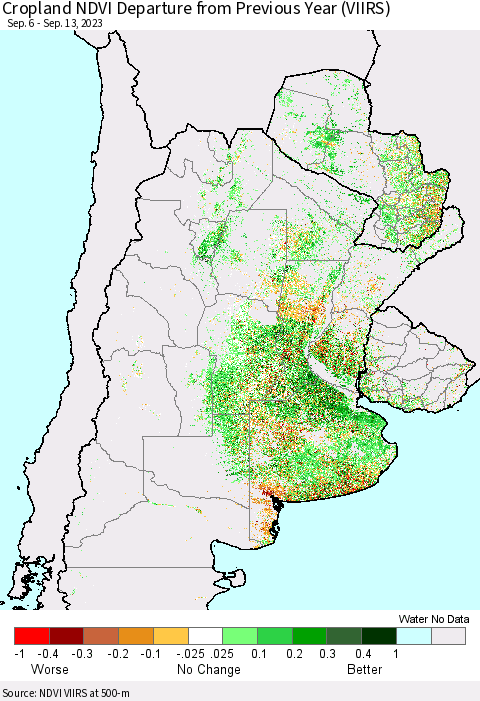 Southern South America Cropland NDVI Departure from Previous Year (VIIRS) Thematic Map For 9/6/2023 - 9/13/2023