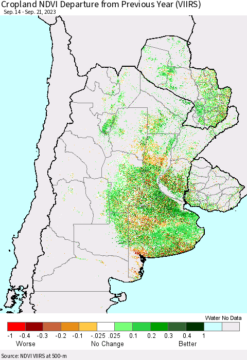 Southern South America Cropland NDVI Departure from Previous Year (VIIRS) Thematic Map For 9/14/2023 - 9/21/2023