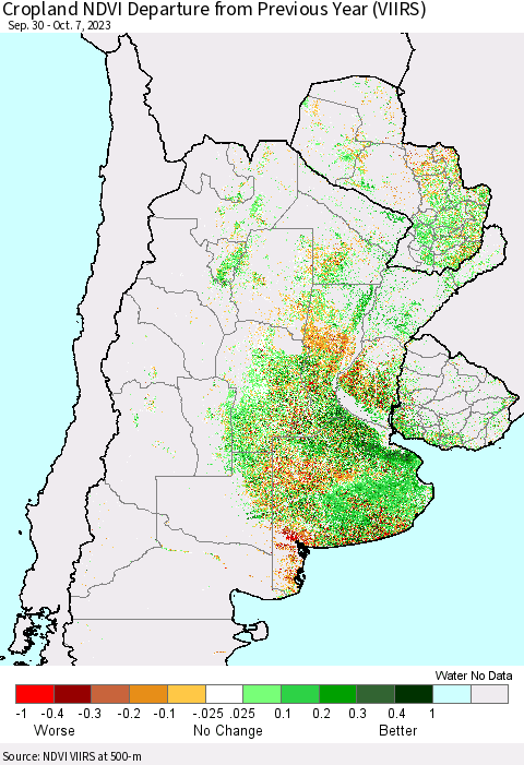 Southern South America Cropland NDVI Departure from Previous Year (VIIRS) Thematic Map For 9/30/2023 - 10/7/2023
