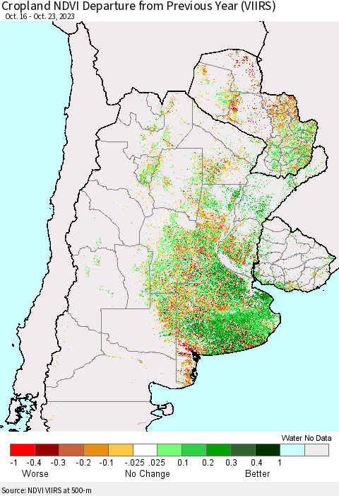 Southern South America Cropland NDVI Departure from Previous Year (VIIRS) Thematic Map For 10/16/2023 - 10/23/2023