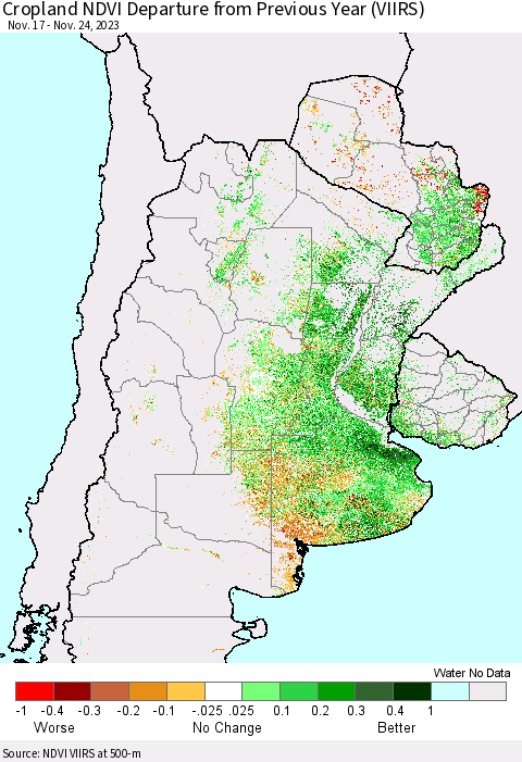 Southern South America Cropland NDVI Departure from Previous Year (VIIRS) Thematic Map For 11/17/2023 - 11/24/2023