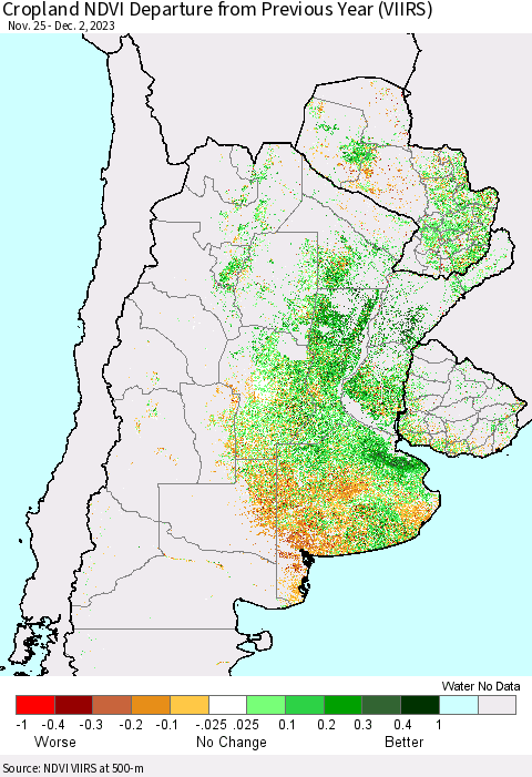 Southern South America Cropland NDVI Departure from Previous Year (VIIRS) Thematic Map For 11/25/2023 - 12/2/2023