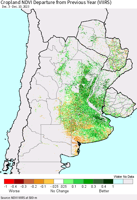 Southern South America Cropland NDVI Departure from Previous Year (VIIRS) Thematic Map For 12/3/2023 - 12/10/2023