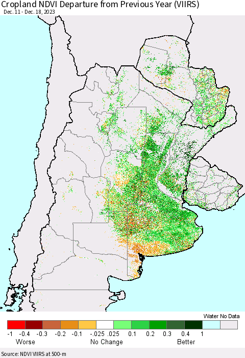 Southern South America Cropland NDVI Departure from Previous Year (VIIRS) Thematic Map For 12/11/2023 - 12/18/2023