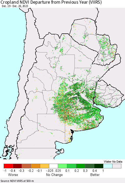 Southern South America Cropland NDVI Departure from Previous Year (VIIRS) Thematic Map For 12/19/2023 - 12/26/2023