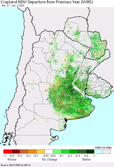 Southern South America Cropland NDVI Departure from Previous Year (VIIRS) Thematic Map For 12/27/2023 - 1/3/2024