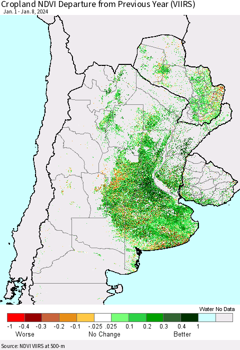 Southern South America Cropland NDVI Departure from Previous Year (VIIRS) Thematic Map For 1/1/2024 - 1/8/2024