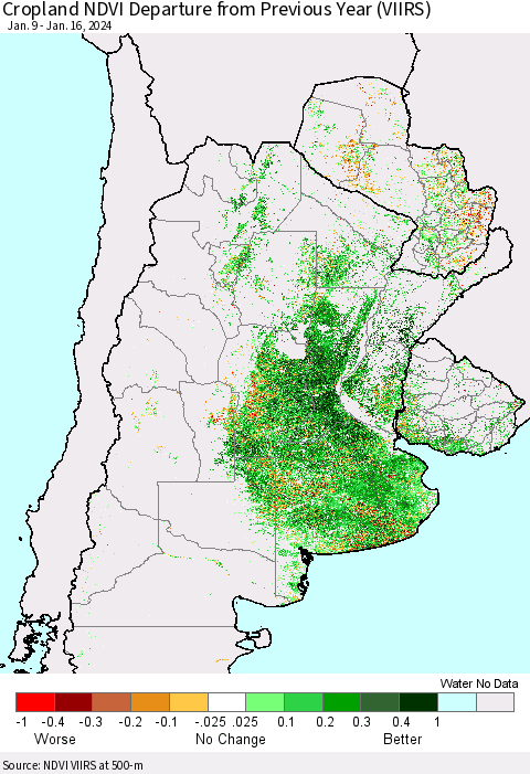 Southern South America Cropland NDVI Departure from Previous Year (VIIRS) Thematic Map For 1/9/2024 - 1/16/2024
