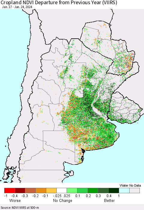 Southern South America Cropland NDVI Departure from Previous Year (VIIRS) Thematic Map For 1/17/2024 - 1/24/2024