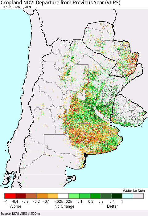 Southern South America Cropland NDVI Departure from Previous Year (VIIRS) Thematic Map For 1/25/2024 - 2/1/2024