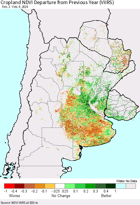 Southern South America Cropland NDVI Departure from Previous Year (VIIRS) Thematic Map For 2/2/2024 - 2/9/2024