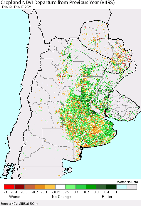 Southern South America Cropland NDVI Departure from Previous Year (VIIRS) Thematic Map For 2/10/2024 - 2/17/2024