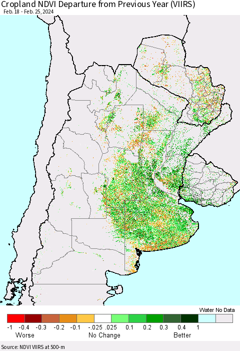 Southern South America Cropland NDVI Departure from Previous Year (VIIRS) Thematic Map For 2/18/2024 - 2/25/2024