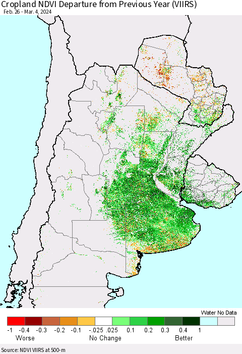 Southern South America Cropland NDVI Departure from Previous Year (VIIRS) Thematic Map For 2/26/2024 - 3/4/2024