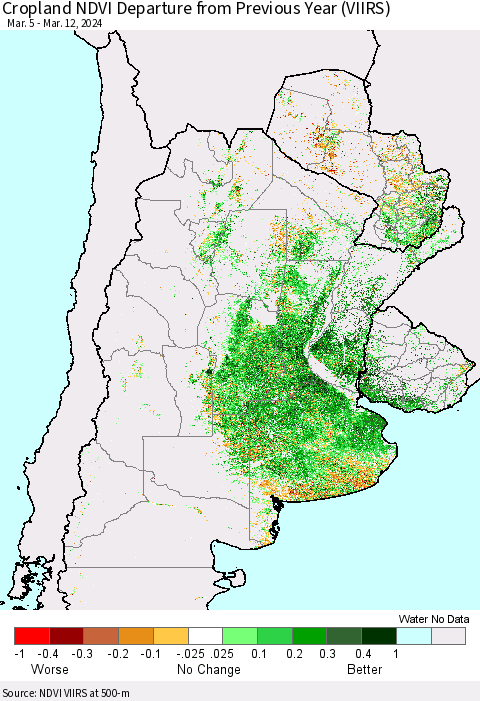 Southern South America Cropland NDVI Departure from Previous Year (VIIRS) Thematic Map For 3/5/2024 - 3/12/2024