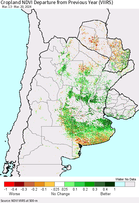 Southern South America Cropland NDVI Departure from Previous Year (VIIRS) Thematic Map For 3/13/2024 - 3/20/2024