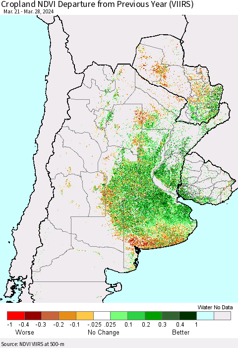 Southern South America Cropland NDVI Departure from Previous Year (VIIRS) Thematic Map For 3/21/2024 - 3/28/2024
