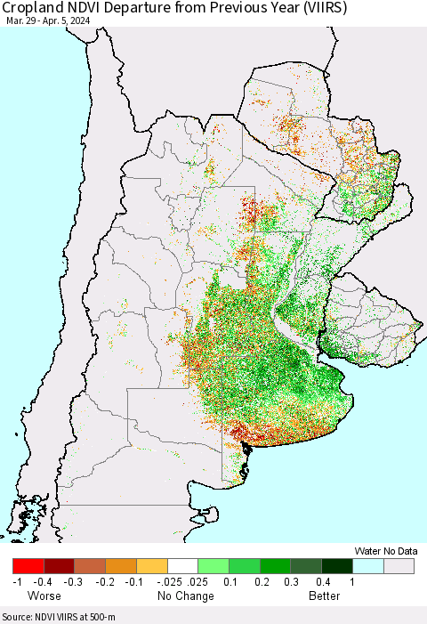 Southern South America Cropland NDVI Departure from Previous Year (VIIRS) Thematic Map For 3/29/2024 - 4/5/2024