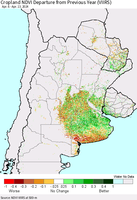 Southern South America Cropland NDVI Departure from Previous Year (VIIRS) Thematic Map For 4/6/2024 - 4/13/2024
