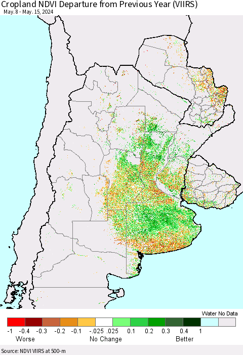 Southern South America Cropland NDVI Departure from Previous Year (VIIRS) Thematic Map For 5/8/2024 - 5/15/2024