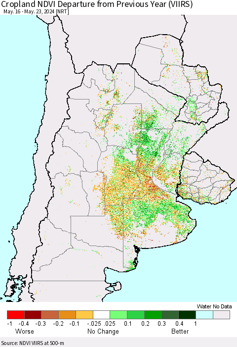 Southern South America Cropland NDVI Departure from Previous Year (VIIRS) Thematic Map For 5/16/2024 - 5/23/2024