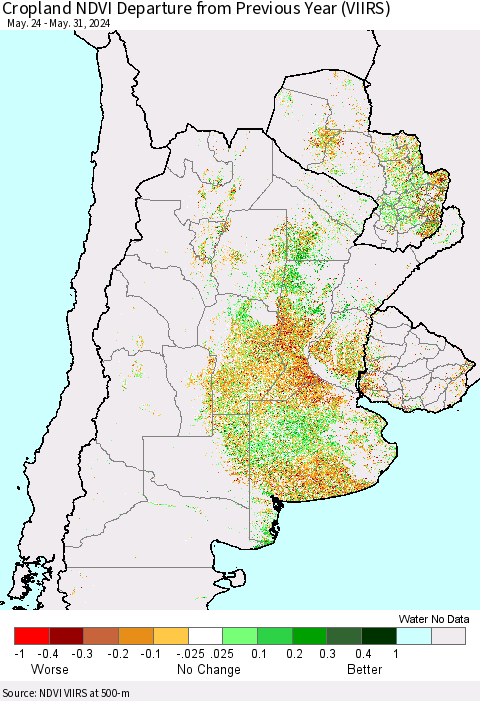 Southern South America Cropland NDVI Departure from Previous Year (VIIRS) Thematic Map For 5/24/2024 - 5/31/2024