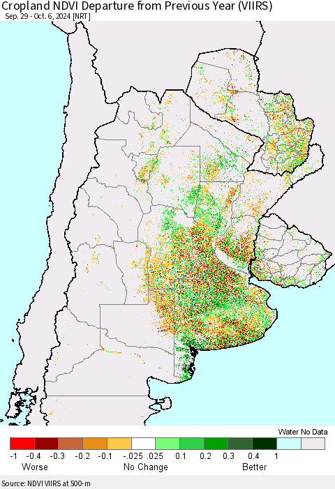 Southern South America Cropland NDVI Departure from Previous Year (VIIRS) Thematic Map For 9/29/2024 - 10/6/2024