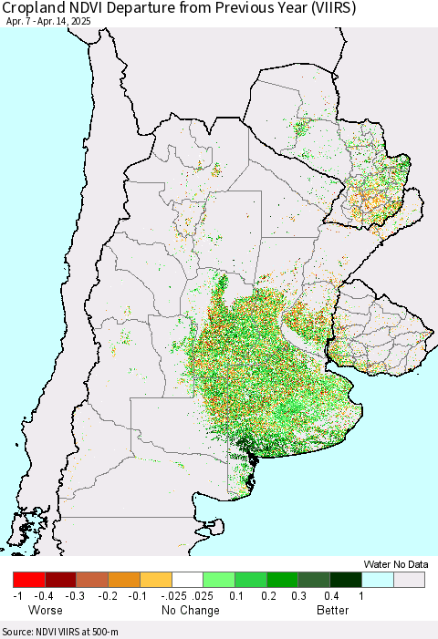 Southern South America Cropland NDVI Departure from Previous Year (VIIRS) Thematic Map For 4/7/2025 - 4/14/2025