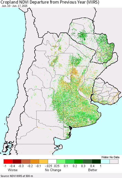 Southern South America Cropland NDVI Departure from Previous Year (VIIRS) Thematic Map For 6/10/2025 - 6/17/2025