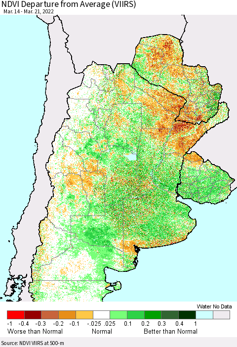 Southern South America NDVI Departure from Average (VIIRS) Thematic Map For 3/14/2022 - 3/21/2022