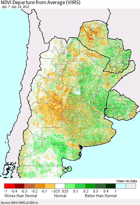 Southern South America NDVI Departure from Average (VIIRS) Thematic Map For 4/7/2022 - 4/14/2022