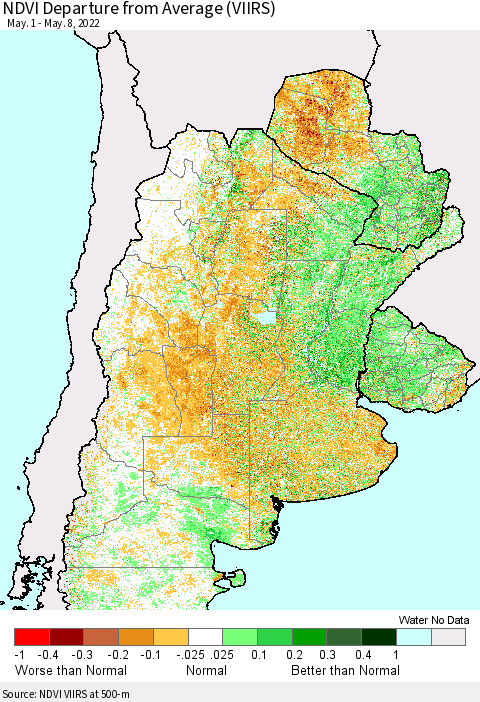 Southern South America NDVI Departure from Average (VIIRS) Thematic Map For 5/1/2022 - 5/8/2022