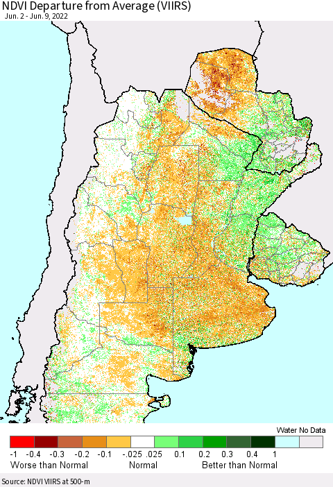 Southern South America NDVI Departure from Average (VIIRS) Thematic Map For 6/2/2022 - 6/9/2022