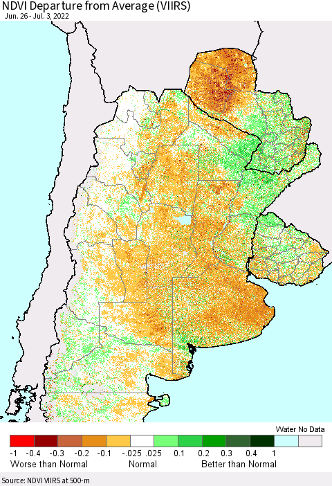 Southern South America NDVI Departure from Average (VIIRS) Thematic Map For 6/26/2022 - 7/3/2022
