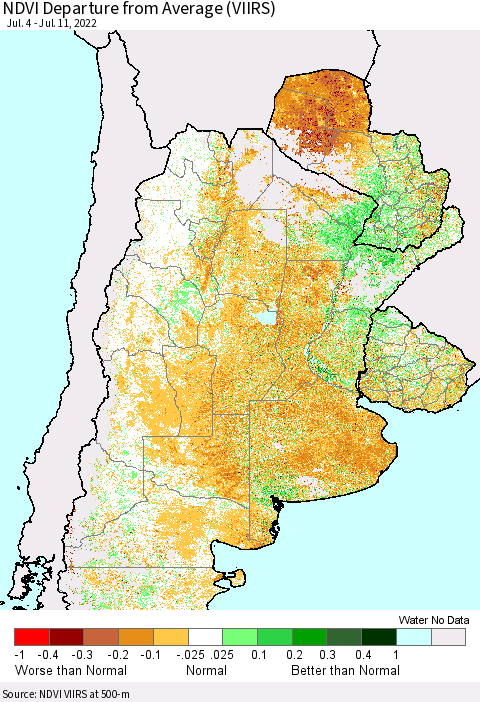 Southern South America NDVI Departure from Average (VIIRS) Thematic Map For 7/4/2022 - 7/11/2022