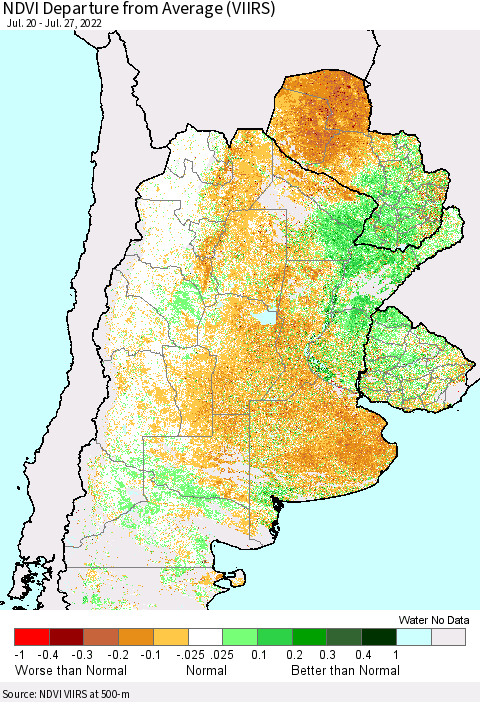 Southern South America NDVI Departure from Average (VIIRS) Thematic Map For 7/20/2022 - 7/27/2022