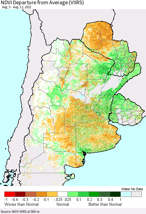 Southern South America NDVI Departure from Average (VIIRS) Thematic Map For 8/5/2022 - 8/12/2022