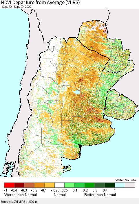 Southern South America NDVI Departure from Average (VIIRS) Thematic Map For 9/22/2022 - 9/29/2022