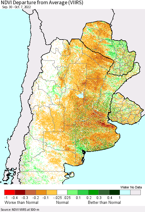 Southern South America NDVI Departure from Average (VIIRS) Thematic Map For 9/30/2022 - 10/7/2022