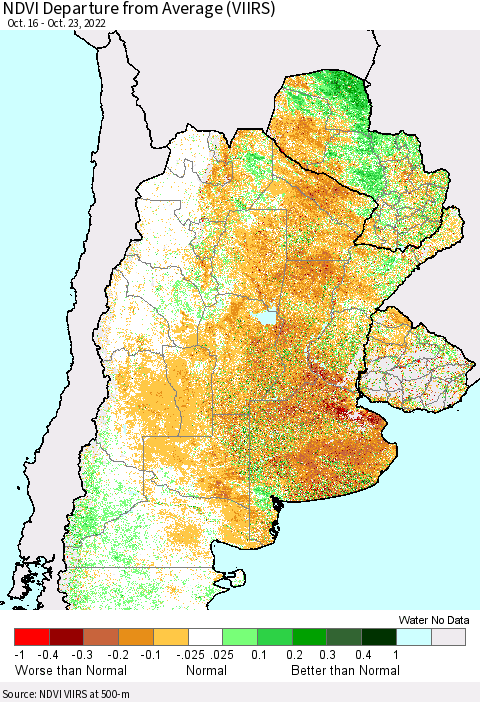 Southern South America NDVI Departure from Average (VIIRS) Thematic Map For 10/16/2022 - 10/23/2022