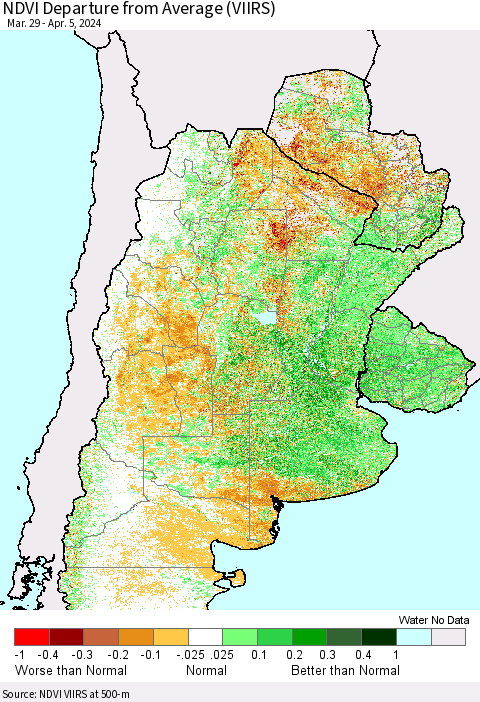 Southern South America NDVI Departure from Average (VIIRS) Thematic Map For 3/29/2024 - 4/5/2024